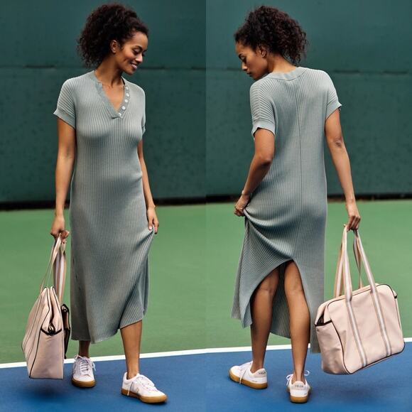 Varley Aria Short-Sleeve Knit Midi Dress in Mint - Picture 1 of 14